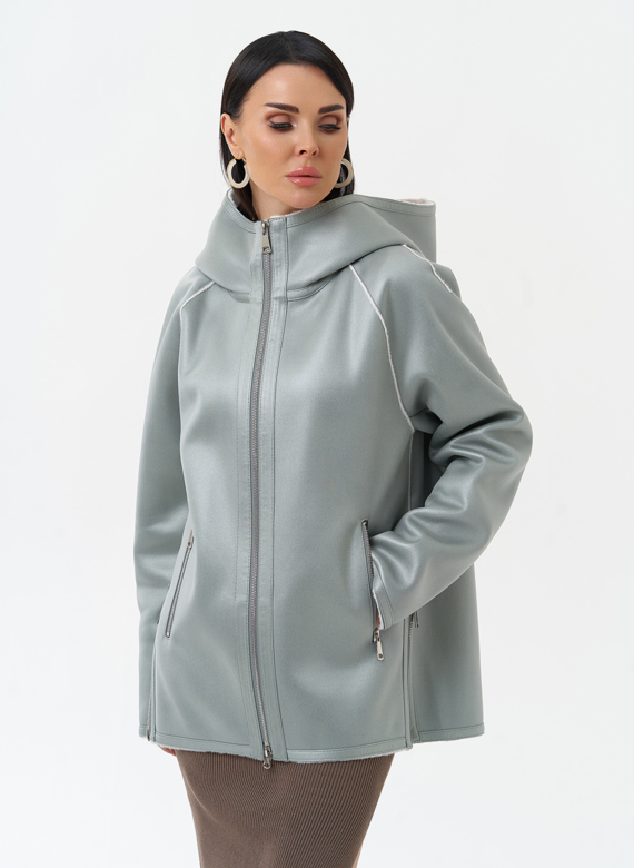 Женская дубленка из эко замши с капюшоном