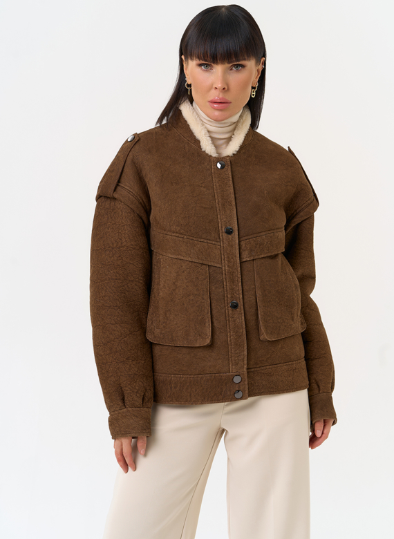 Женская натуральная дубленка в коричневом цвете