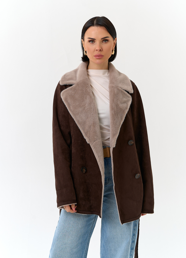 Женская двухсторонняя дубленка из эко замши модель № 32790 универмаг малина