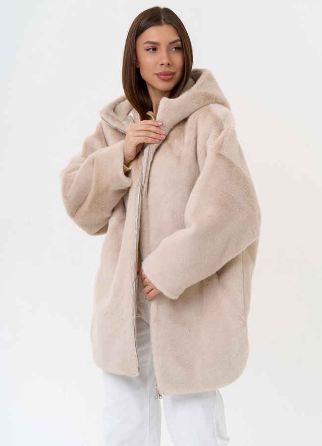 фото Женская шуба из экомеха с капюшоном модель № 31277