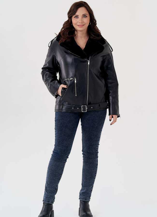 Куртка-косуха из эко кожи на утеплителе с натуральным мутоном модель № 24213 универмаг малина