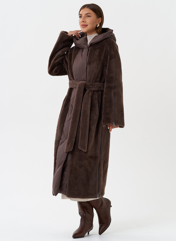 Комбинированное пальто на утеплении с капюшоном