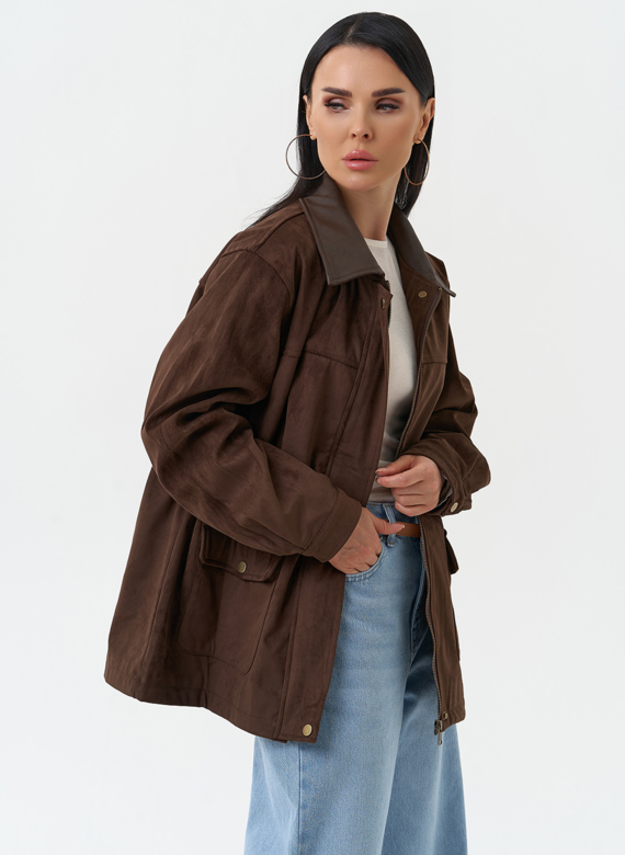 Женская парка из эко замши коричневого цвета