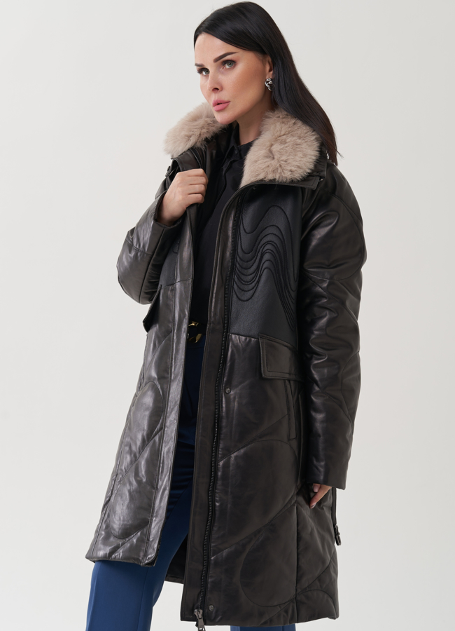 Пуховик из натуральной кожи с отделкой из меха песца модель № 25376 универмаг малина