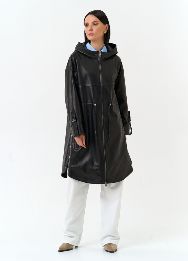 Женский плащ из натуральной кожи с капюшоном модель № 33142 универмаг малина