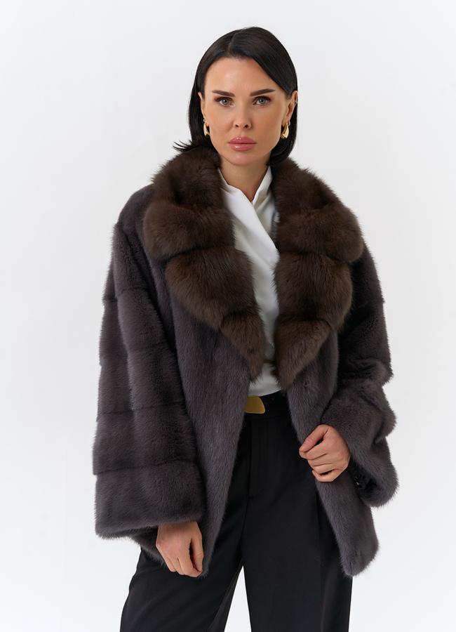 Куртка из меха норки с английским воротником из меха куницы модель № 32500 меха малина