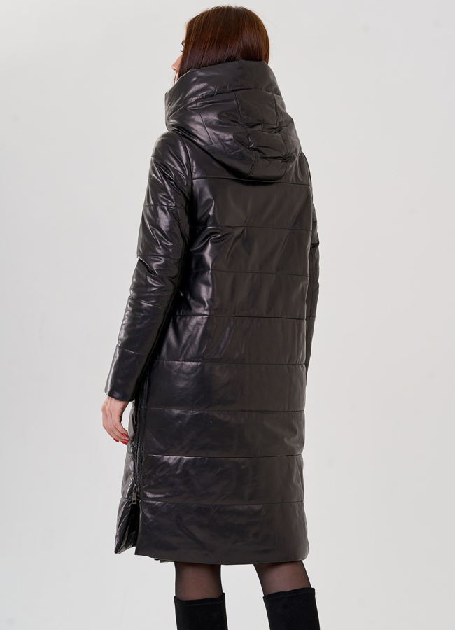 Женский пуховик из натуральной кожи с капюшоном  модель № 18231 в кредит