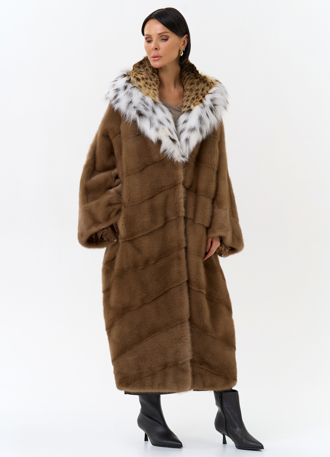 Шуба из меха норки с капюшоном из меха рыси модель № 31871 в кредит