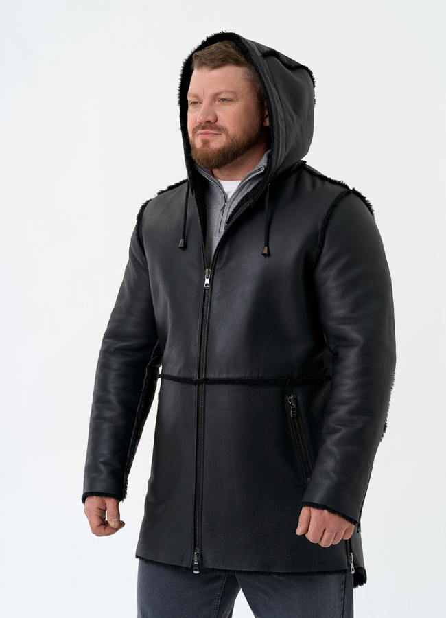 Мужская натуральная дубленка с капюшоном модель № 32060 универмаг малина