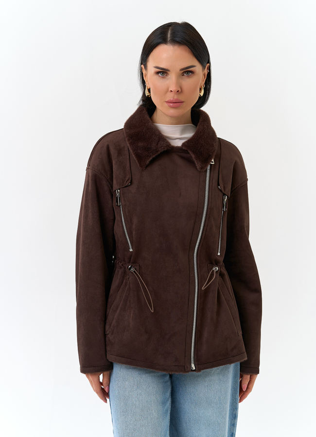 Женская дубленка из эко замши модель № 32792 универмаг малина