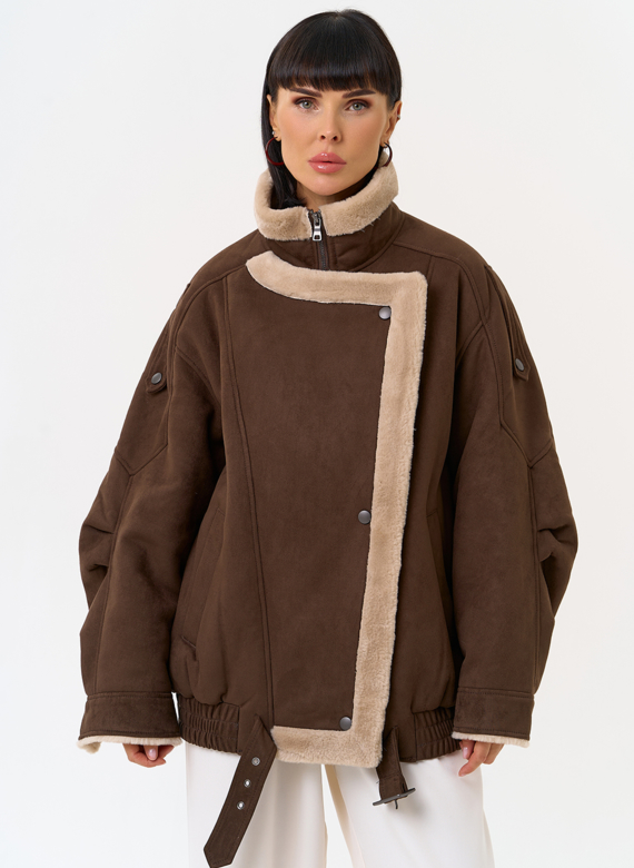 Женский бомбер из эко замши с воротником стойкой