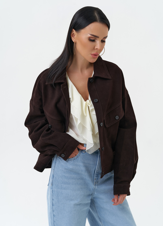 Женская куртка из натуральной замши коричневого цвета модель № 30321 универмаг малина