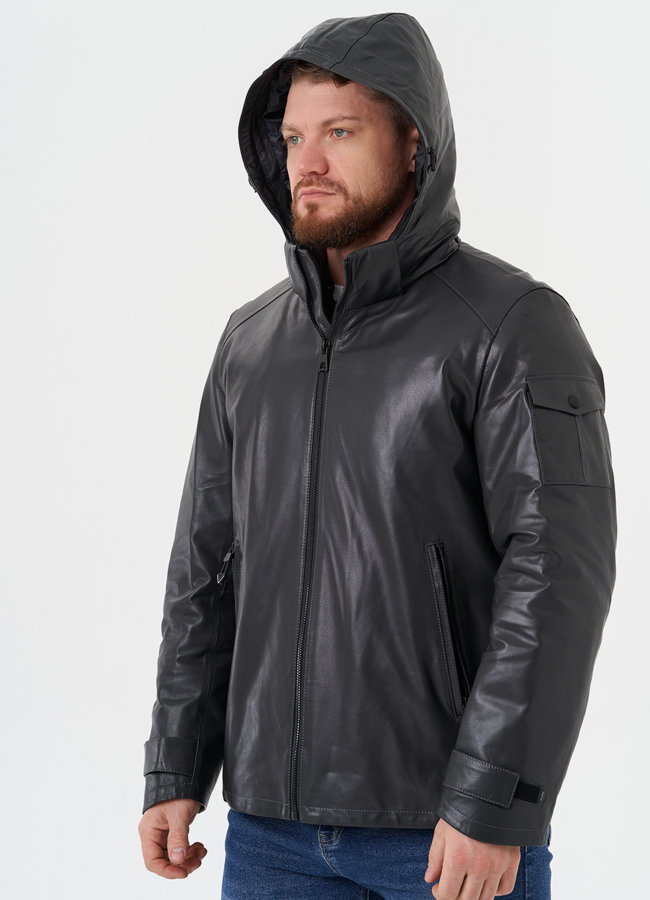 Куртка из натуральной кожи с капюшоном модель № 28581 универмаг малина