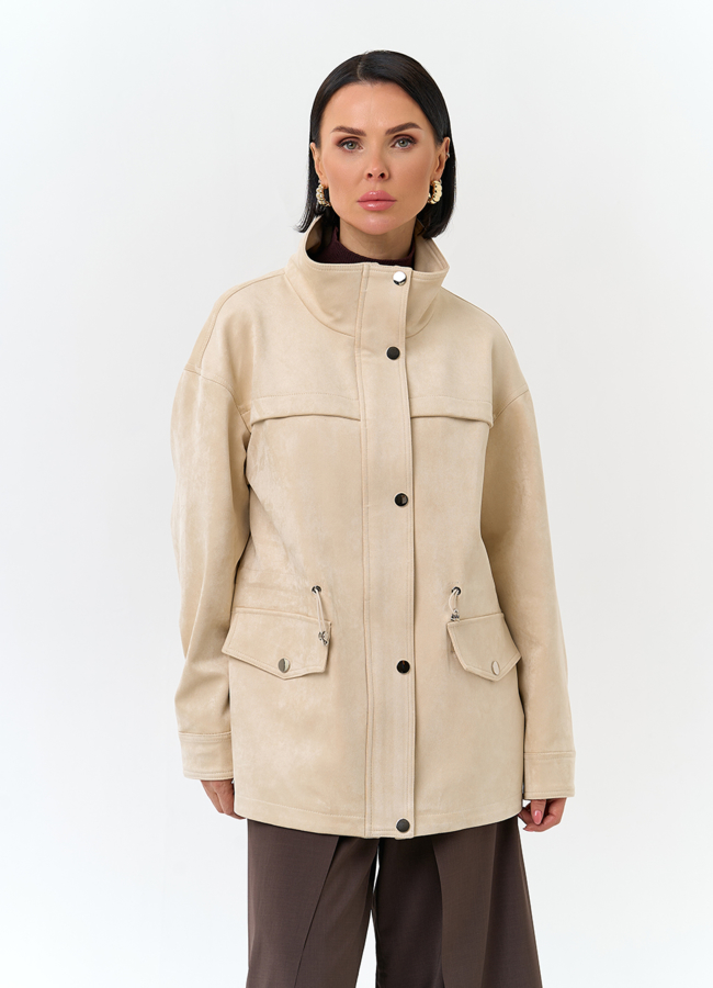 Женская светлая парка из эко замши модель № 32776 меха малина