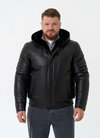 Мужской пуховик из натуральной кожи с капюшоном
