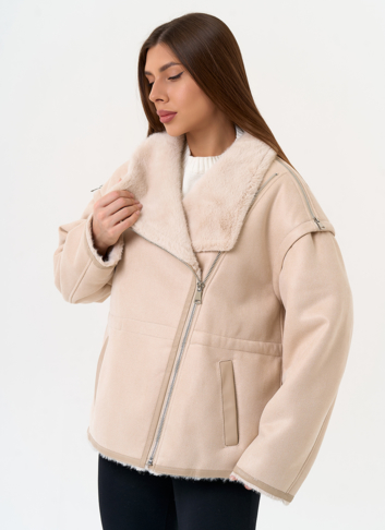 Женская дубленка из эко замши с отложным воротником