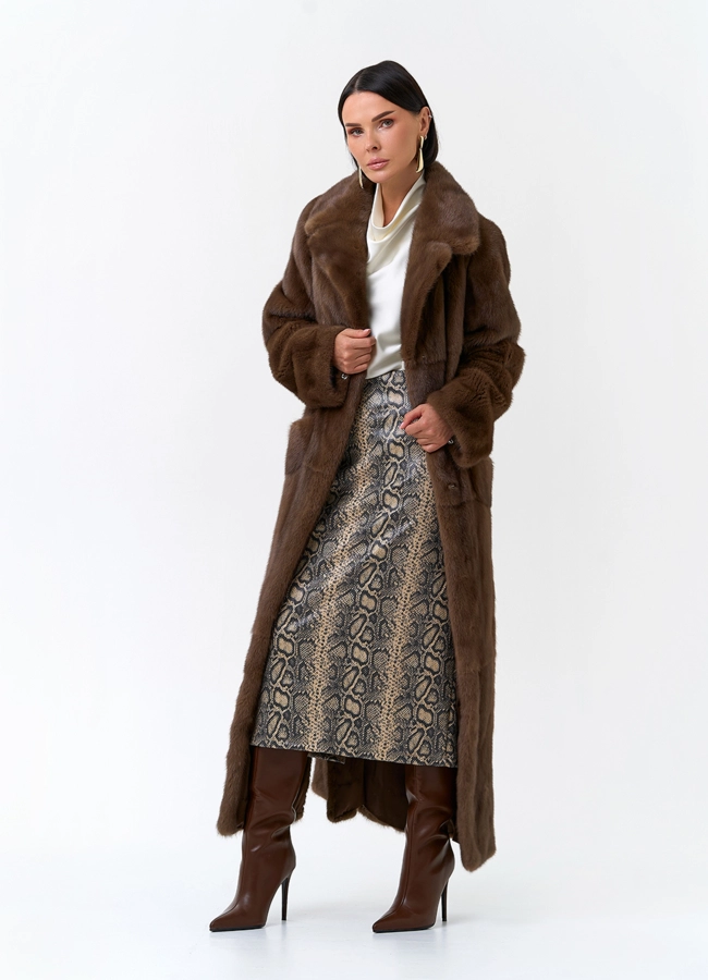 Длинная шуба из меха норки с поясом модель № 32591 универмаг малина