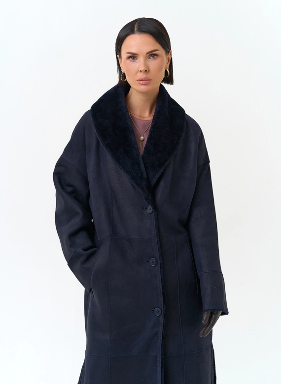 Женская двухсторонняя дубленка с воротником шаль фото