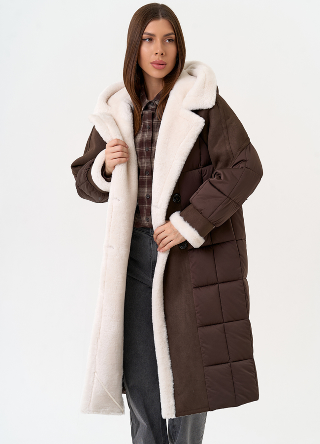 Комбинированный пуховик из эко кожи модель № 31692 универмаг малина