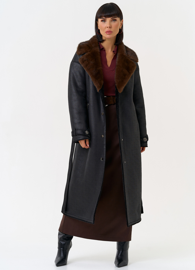 Женская дубленка из эко замши с английским воротником модель № 31507 в рассрочку