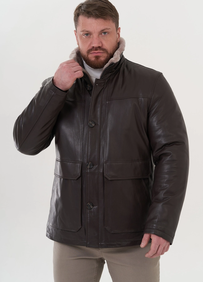 Пуховик из натуральной кожи с капюшоном модель № 26230 универмаг малина фото