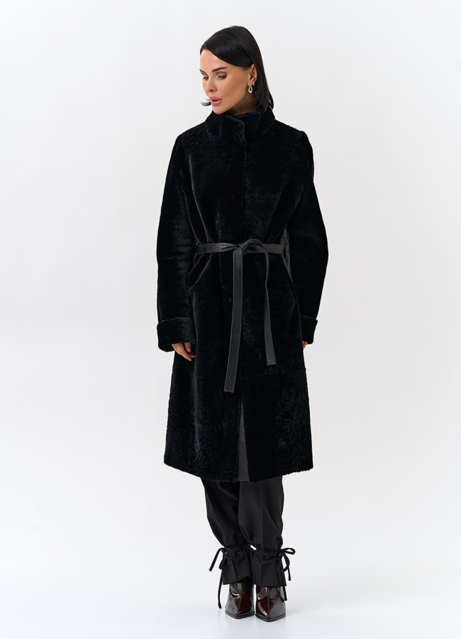 Женская двухсторонняя дубленка с поясом модель № 32198 универмаг малина