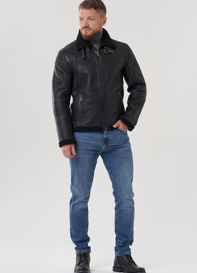 фото Мужская дубленка черного цвета  модель № 81633