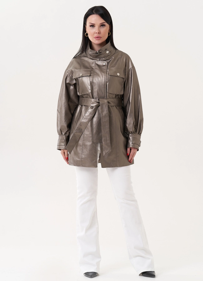 Женский жакет из эко кожи под бронзу модель № 27164 меха малина