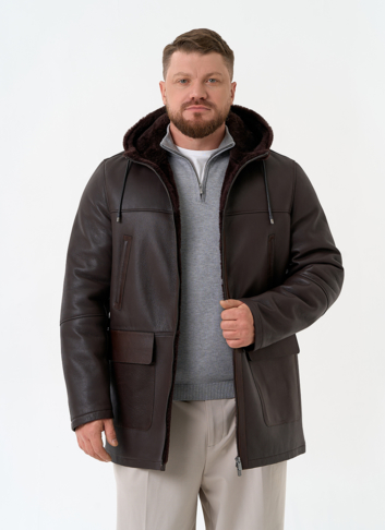 Мужская натуральная дубленка с капюшоном