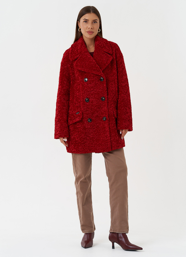 Яркое двубортное пальто с английским воротником модель № 28312 в рассрочку