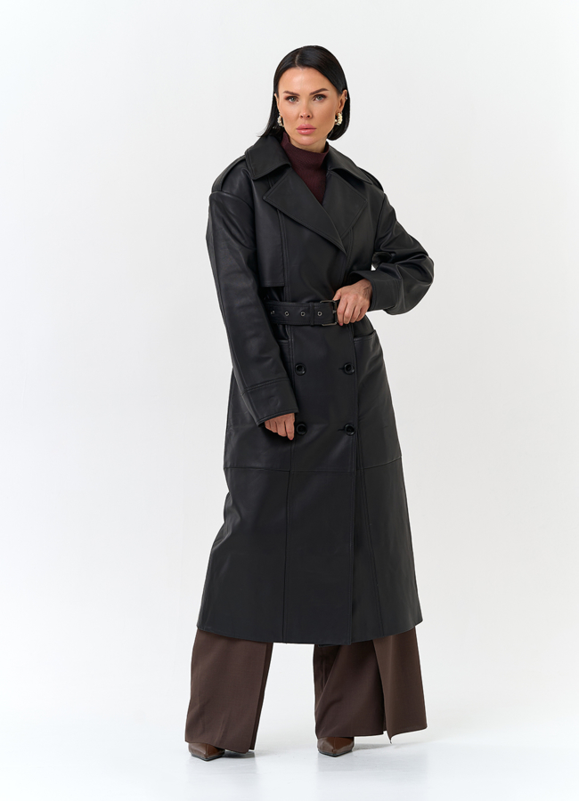 Женский плащ из натуральной кожи с поясом модель № 32901 универмаг малина