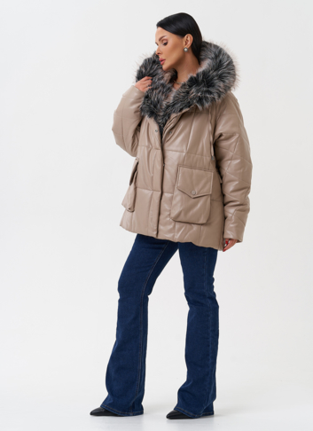 Пуховик из эко кожи с капюшоном из эко меха 