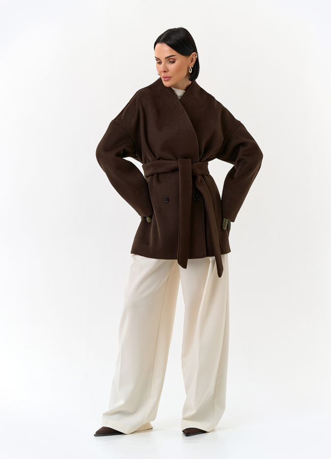 Женское укороченное пальто с поясом модель № 32817 в кредит