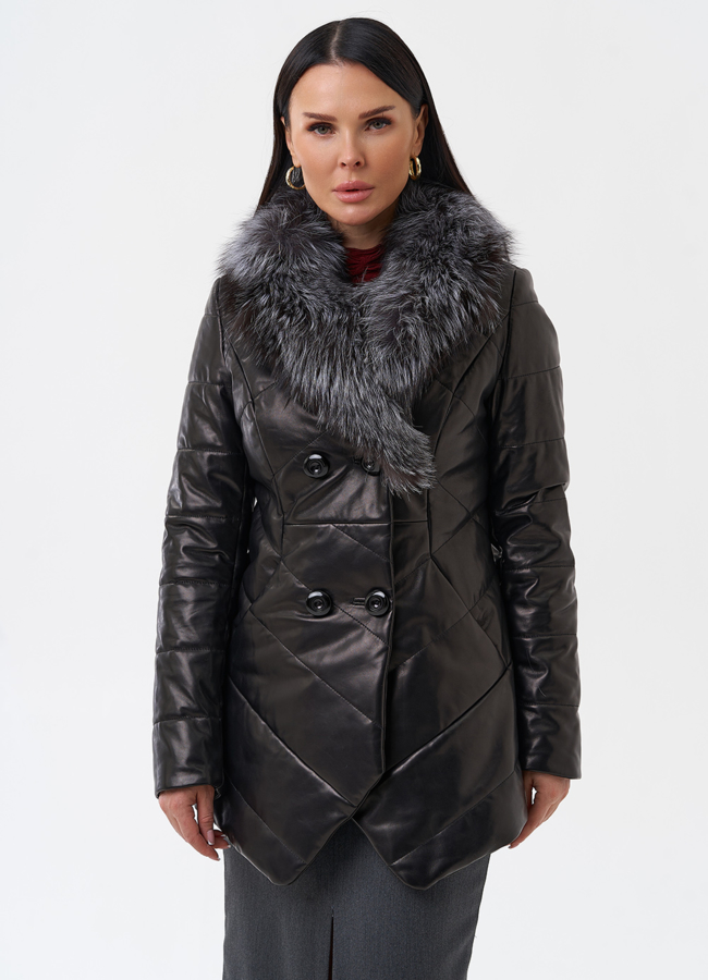 Кожаный пуховик с мехом из чернобурки модель № 29406 меха малина