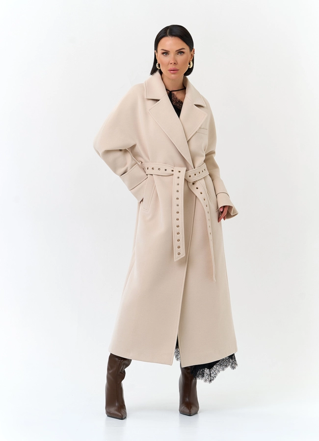 Женское пальто с акцентным поясом модель № 32807 меха малина