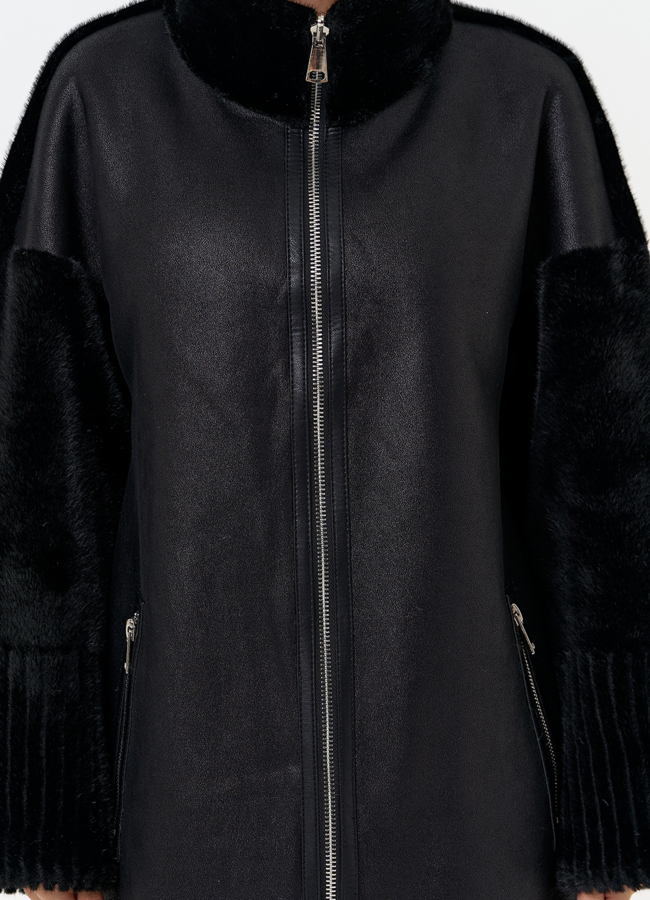 Женская двухсторонняя дубленка из эко замши с воротником стойкой модель № 31412 универмаг малина