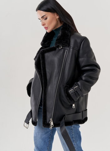 Женская дубленка пилот из эко кожи черного цвета 