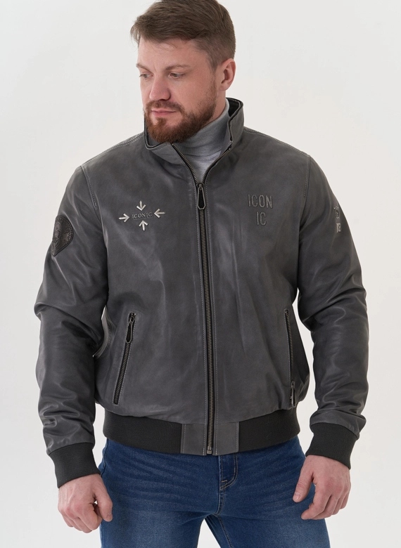Мужская кожаная куртка "бомбер" с капюшоном