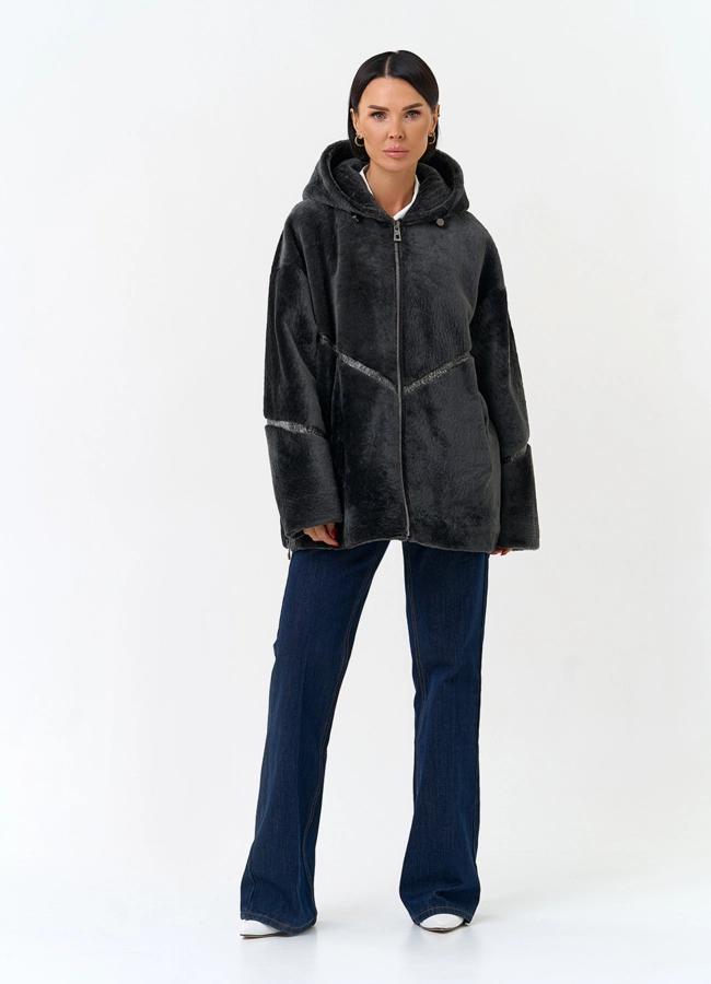 Женская натуральная дубленка с капюшоном модель № 34132 в рассрочку фото
