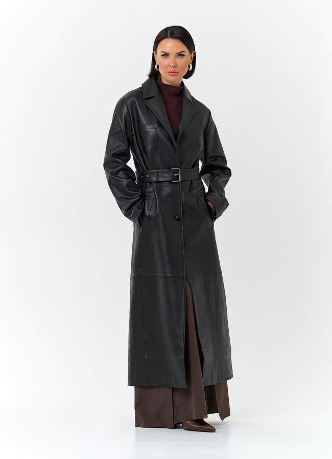 фото Женский длинный плащ из натуральной кожи модель № 32902