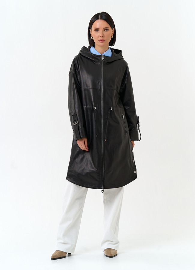 Женский плащ из натуральной кожи с капюшоном модель № 33142 универмаг малина